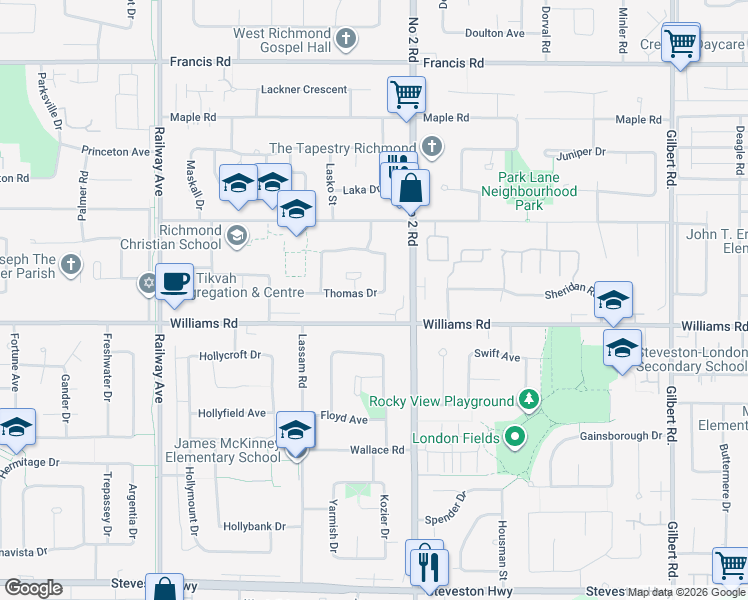 map of restaurants, bars, coffee shops, grocery stores, and more near 9562 Thomas Drive in Richmond