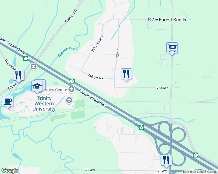 map of restaurants, bars, coffee shops, grocery stores, and more near 22872 76A Avenue in Langley