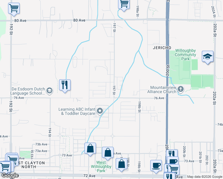 map of restaurants, bars, coffee shops, grocery stores, and more near 7629 197 Street in Langley Township