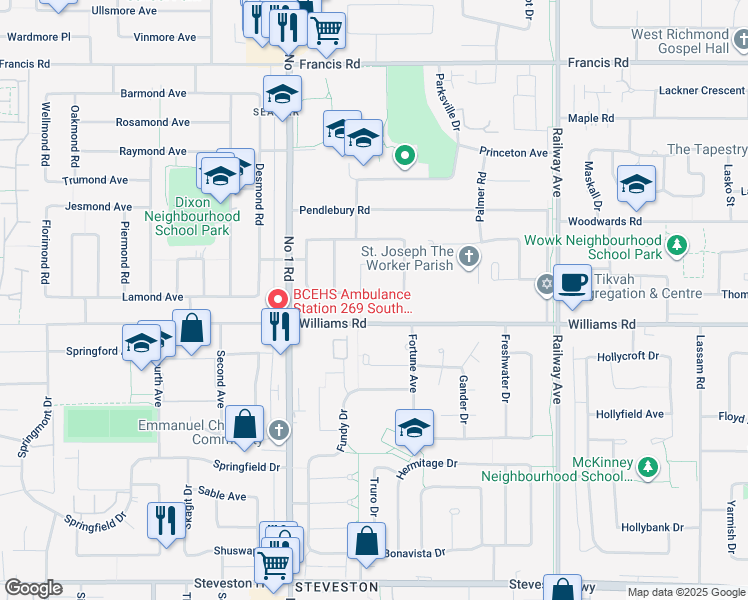map of restaurants, bars, coffee shops, grocery stores, and more near 4420 Waller Drive in Richmond