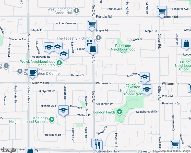 map of restaurants, bars, coffee shops, grocery stores, and more near 9688 Number 2 Road in Richmond