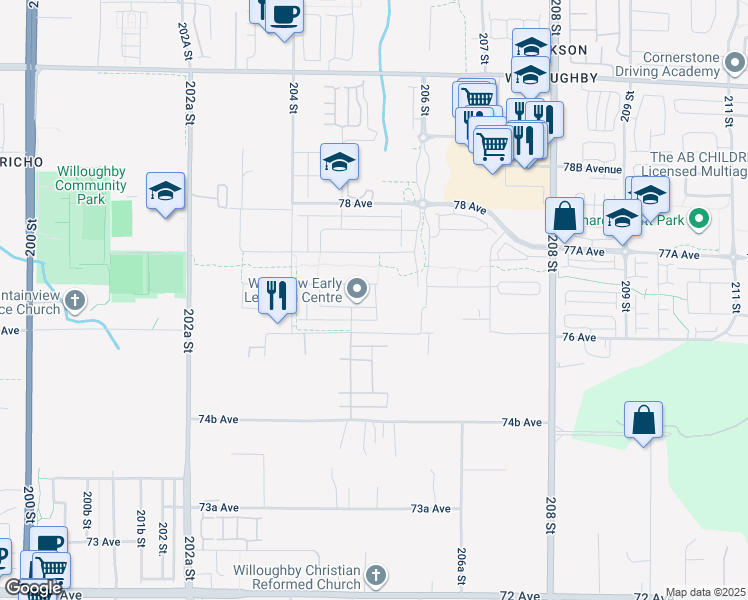 map of restaurants, bars, coffee shops, grocery stores, and more near 20529 76A Avenue in Langley Township