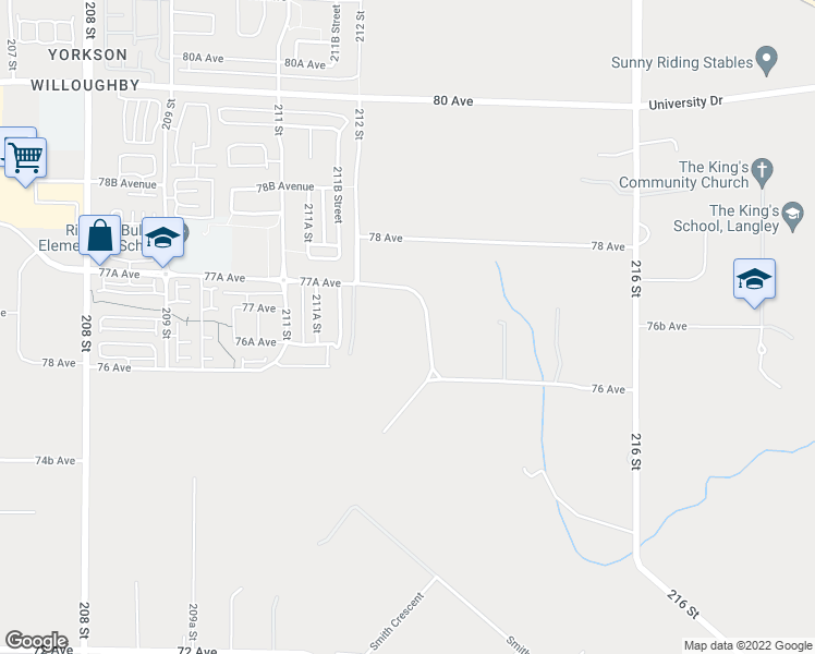 map of restaurants, bars, coffee shops, grocery stores, and more near 7639 Morrison Crescent in Langley City