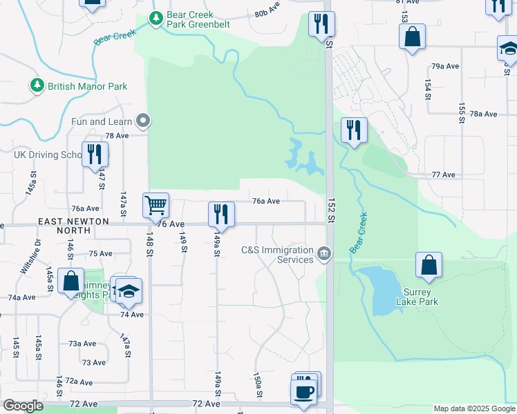 map of restaurants, bars, coffee shops, grocery stores, and more near 15046 76A Avenue in Surrey