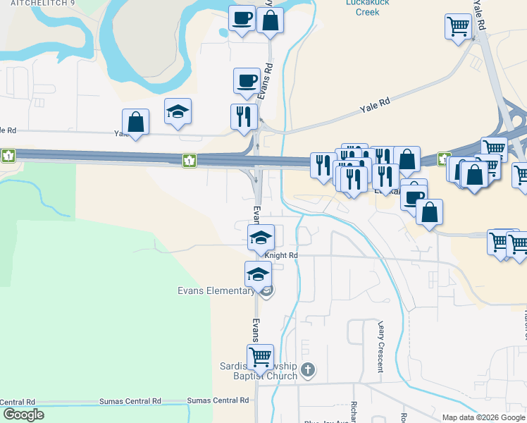 map of restaurants, bars, coffee shops, grocery stores, and more near 7694 Evans Road in Chilliwack
