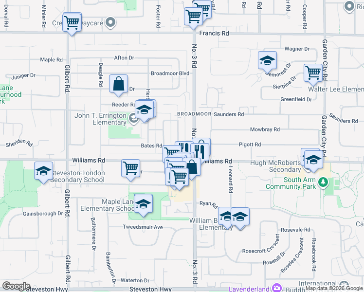 map of restaurants, bars, coffee shops, grocery stores, and more near 9940 Bates Road in Richmond