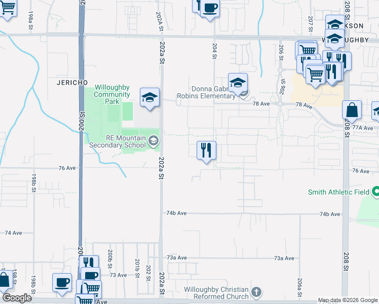 map of restaurants, bars, coffee shops, grocery stores, and more near 7646 203 Street in Langley Township