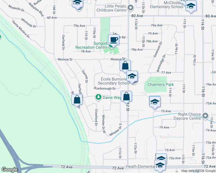 map of restaurants, bars, coffee shops, grocery stores, and more near 11093 Scarborough Drive in Delta
