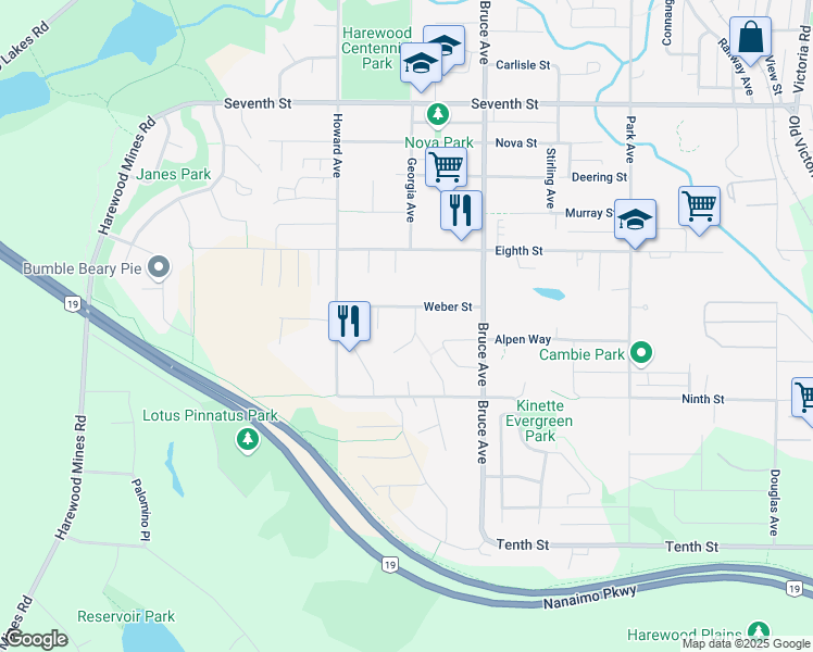 map of restaurants, bars, coffee shops, grocery stores, and more near 955 Glen Crescent in Nanaimo