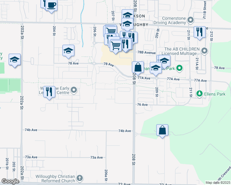 map of restaurants, bars, coffee shops, grocery stores, and more near 7670 207 Street in Langley Township