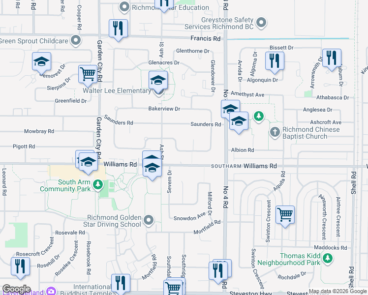 map of restaurants, bars, coffee shops, grocery stores, and more near 9640 Pinewell Crescent in Richmond