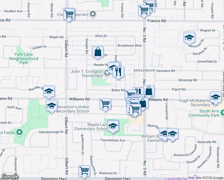 map of restaurants, bars, coffee shops, grocery stores, and more near 7460 Bates Road in Richmond