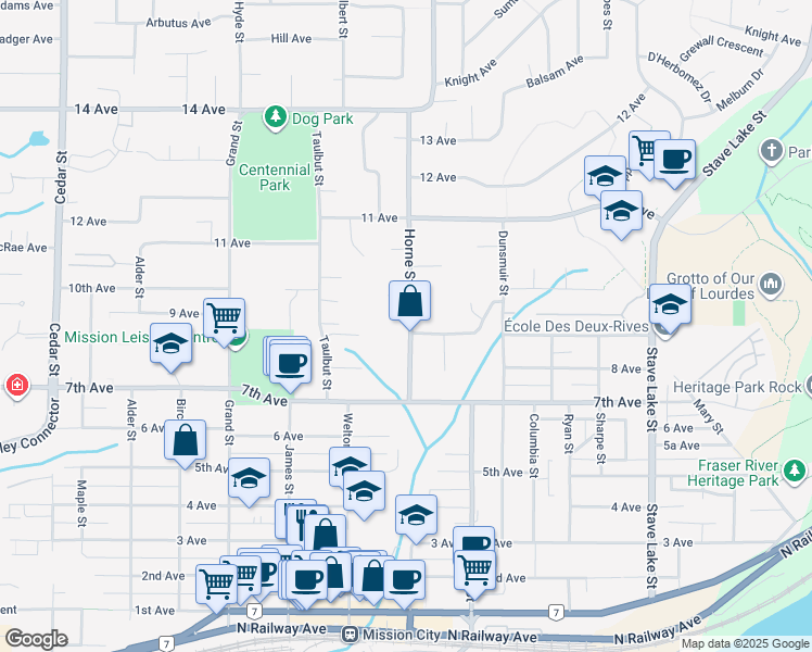 map of restaurants, bars, coffee shops, grocery stores, and more near 7681 Horne Street in Mission