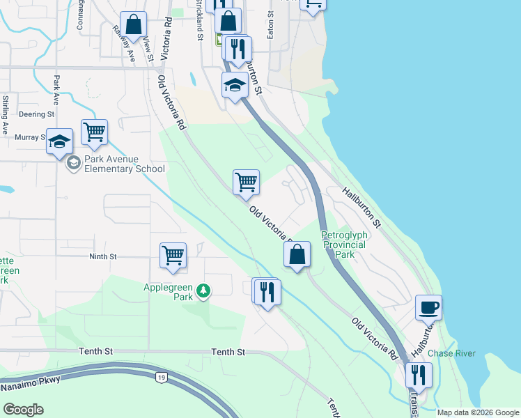 map of restaurants, bars, coffee shops, grocery stores, and more near 940 Old Victoria Road in Nanaimo