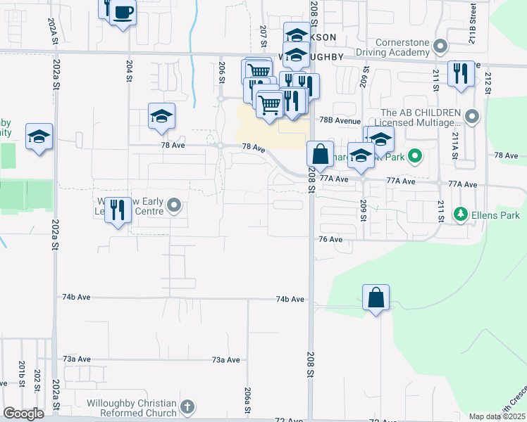 map of restaurants, bars, coffee shops, grocery stores, and more near 20680 76B Avenue in Langley Township