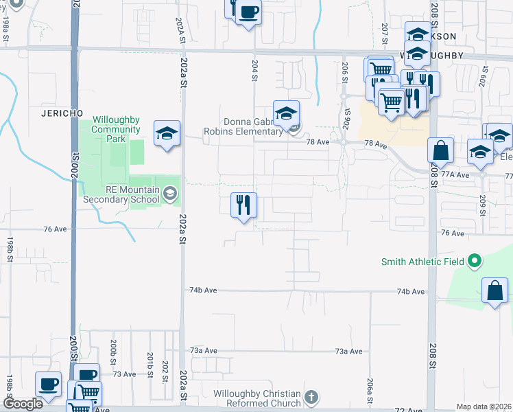 map of restaurants, bars, coffee shops, grocery stores, and more near 7664 204 Street in Langley