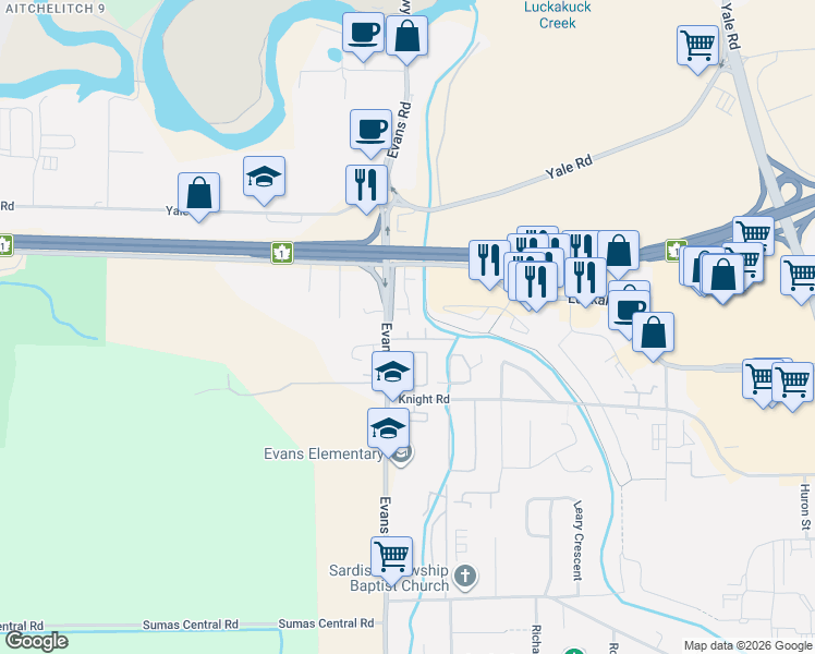 map of restaurants, bars, coffee shops, grocery stores, and more near 7694 Evans Road in Chilliwack