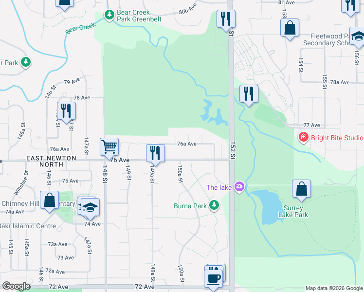 map of restaurants, bars, coffee shops, grocery stores, and more near in Surrey