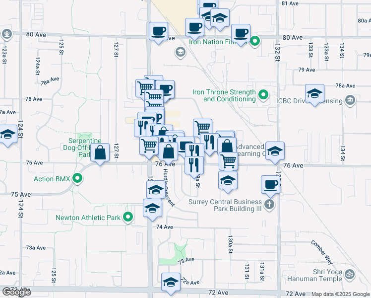 map of restaurants, bars, coffee shops, grocery stores, and more near in Surrey