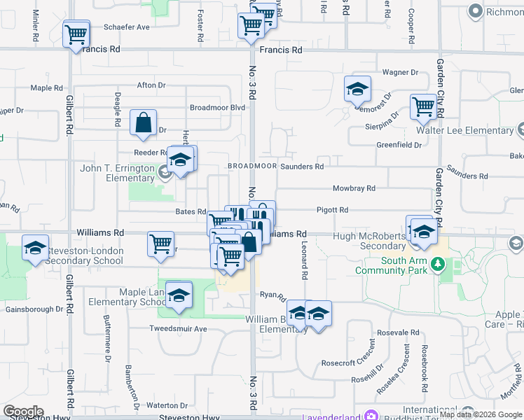 map of restaurants, bars, coffee shops, grocery stores, and more near 9700 Number 3 Road in Richmond