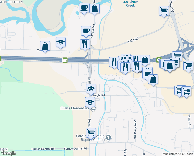 map of restaurants, bars, coffee shops, grocery stores, and more near 7694 Evans Road in Chilliwack