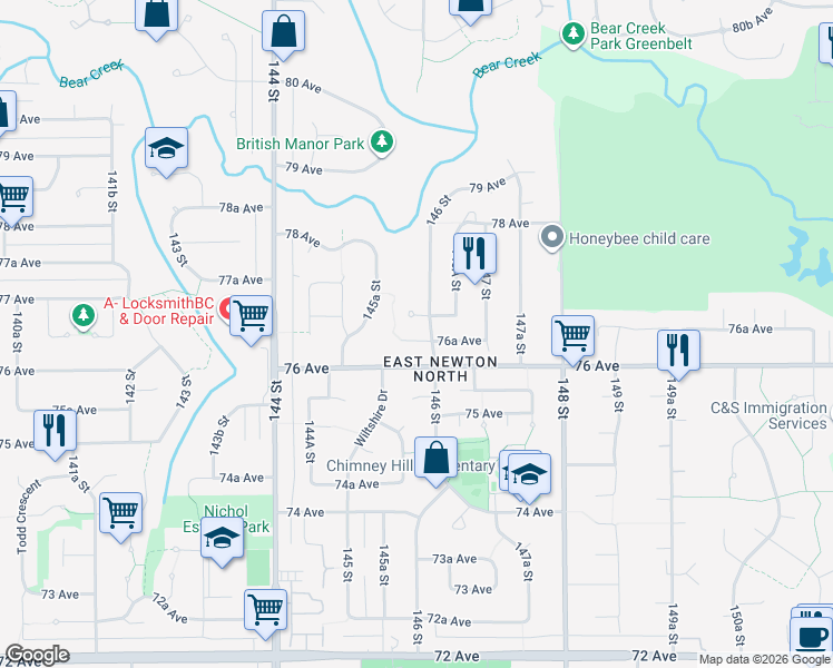 map of restaurants, bars, coffee shops, grocery stores, and more near 14581 76A Avenue in Surrey