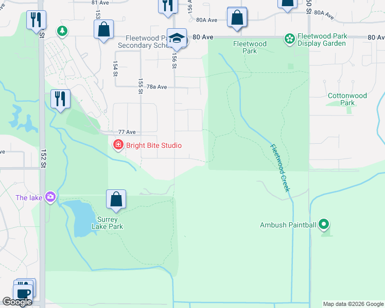map of restaurants, bars, coffee shops, grocery stores, and more near 7662 156 A Street in Surrey