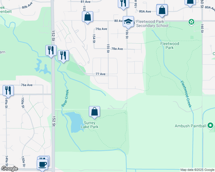 map of restaurants, bars, coffee shops, grocery stores, and more near 7657 155 Street in Surrey