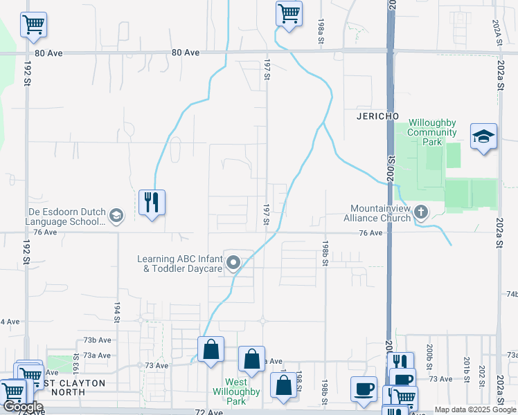 map of restaurants, bars, coffee shops, grocery stores, and more near 7645 197 Street in Langley Township