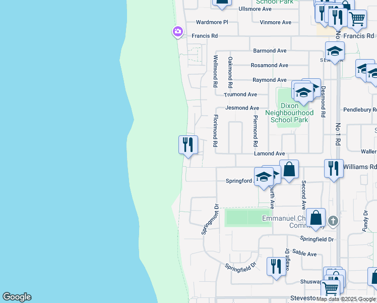 map of restaurants, bars, coffee shops, grocery stores, and more near 3031 Williams Road in Richmond