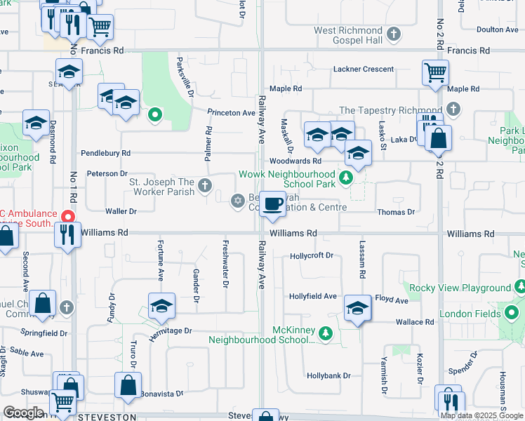 map of restaurants, bars, coffee shops, grocery stores, and more near Railway Avenue in Richmond