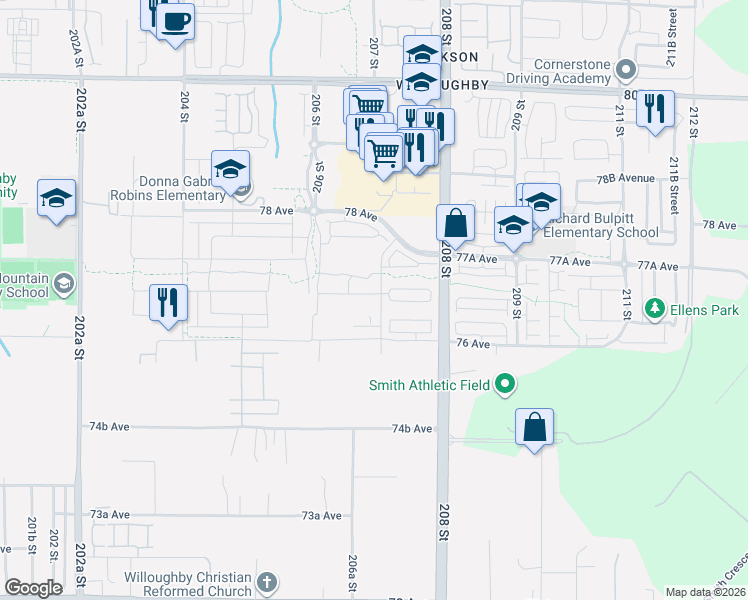 map of restaurants, bars, coffee shops, grocery stores, and more near 20680 76B Avenue in Langley Township