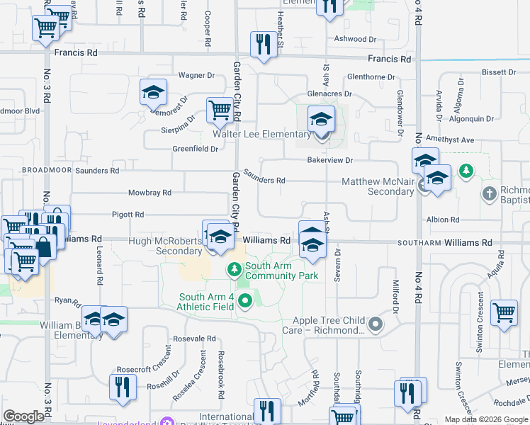 map of restaurants, bars, coffee shops, grocery stores, and more near 9140 Pinewell Crescent in Richmond