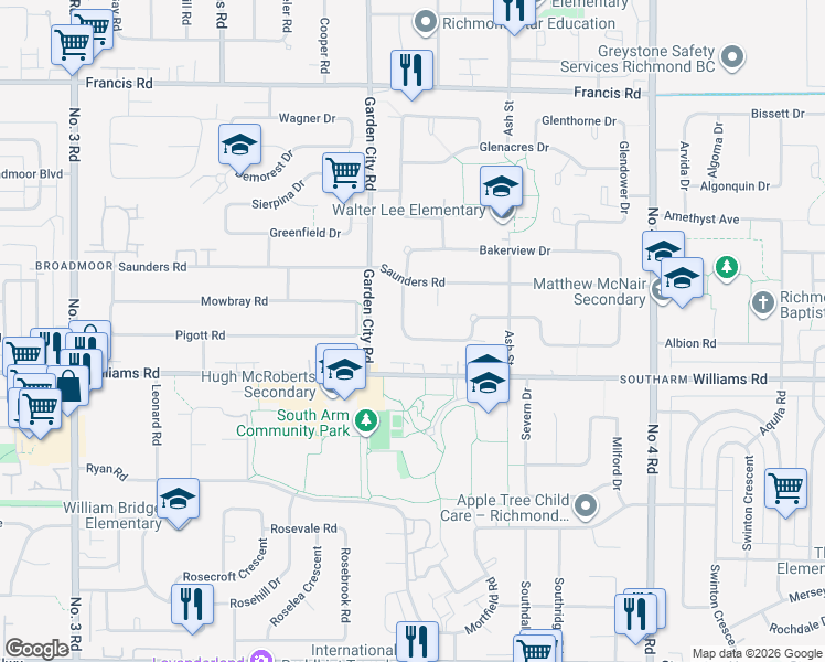 map of restaurants, bars, coffee shops, grocery stores, and more near 9140 Pinewell Crescent in Richmond
