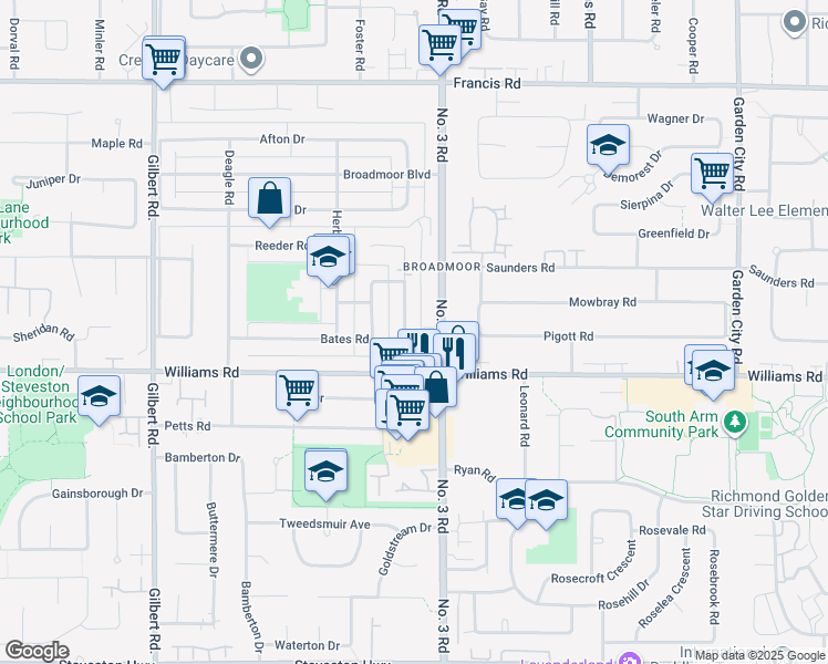map of restaurants, bars, coffee shops, grocery stores, and more near 9920 Bates Road in Richmond