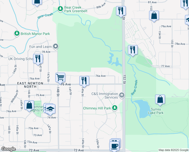 map of restaurants, bars, coffee shops, grocery stores, and more near 76A Avenue in Surrey