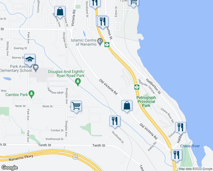 map of restaurants, bars, coffee shops, grocery stores, and more near 940 Old Victoria Road in Nanaimo