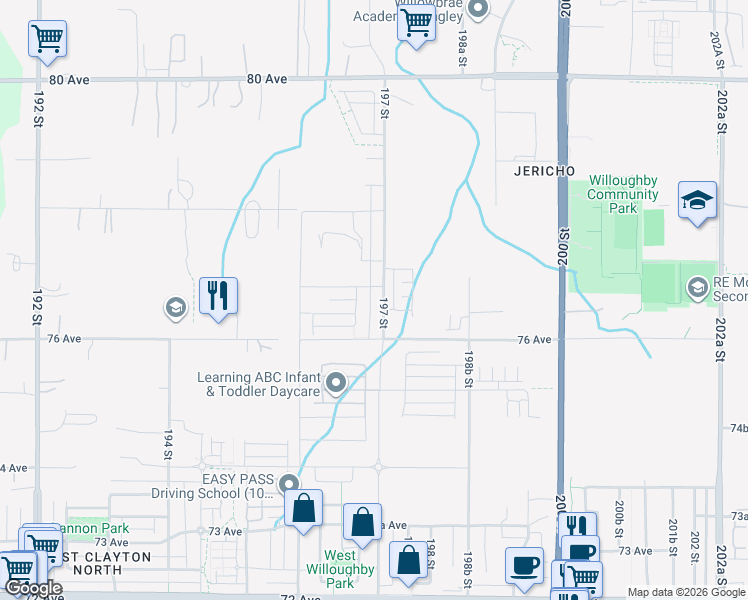 map of restaurants, bars, coffee shops, grocery stores, and more near 7653 197 Street in Langley Township