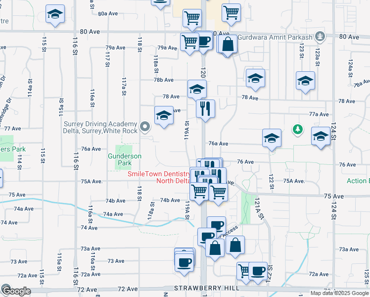 map of restaurants, bars, coffee shops, grocery stores, and more near 7633 119A Street in Delta