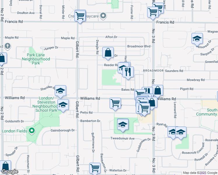 map of restaurants, bars, coffee shops, grocery stores, and more near 7311 Bates Road in Richmond