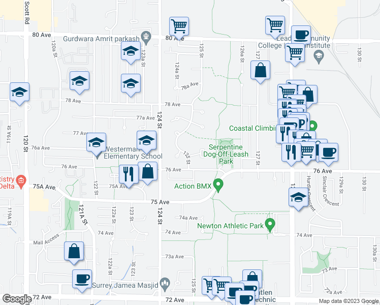 map of restaurants, bars, coffee shops, grocery stores, and more near 12501 76A Avenue in Surrey