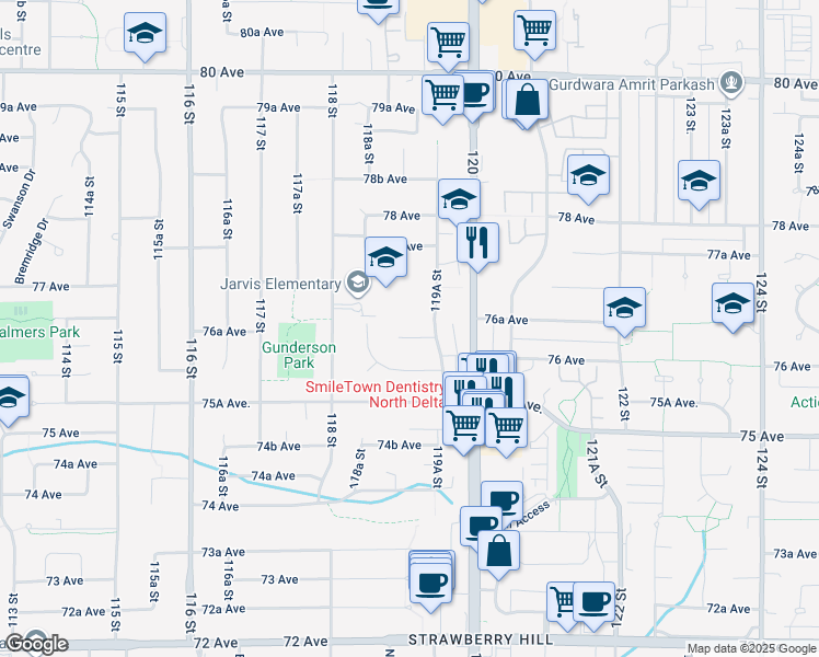 map of restaurants, bars, coffee shops, grocery stores, and more near 11917 Chalmers Place in Delta