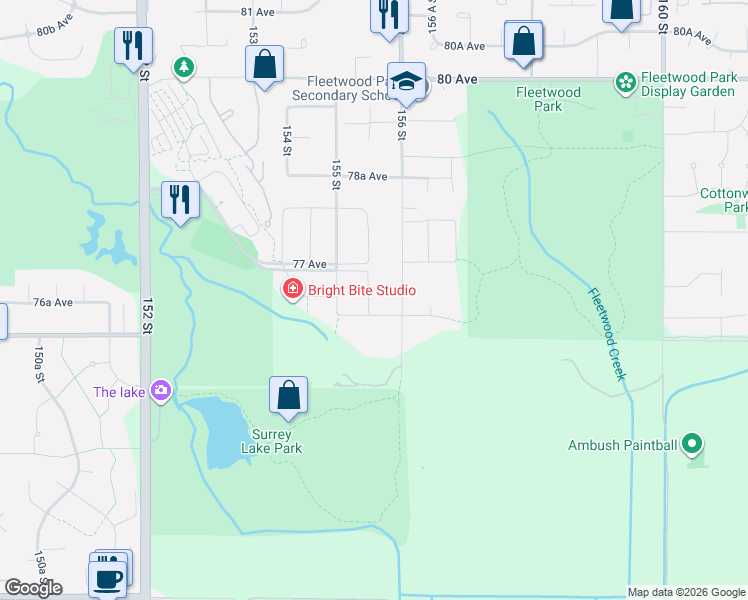 map of restaurants, bars, coffee shops, grocery stores, and more near 7662 155A Street in Surrey