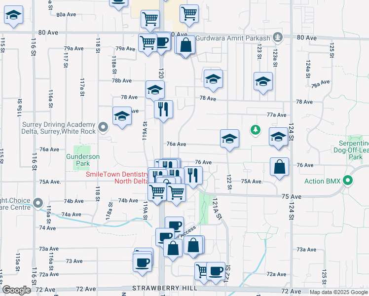 map of restaurants, bars, coffee shops, grocery stores, and more near 12070 76A Avenue in Surrey