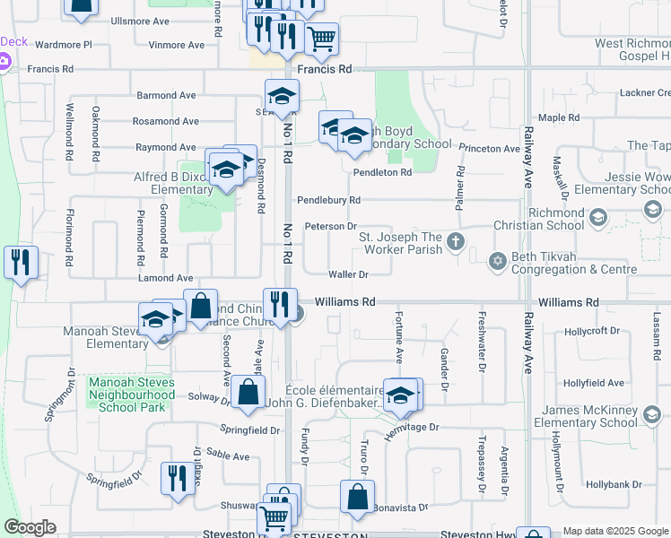 map of restaurants, bars, coffee shops, grocery stores, and more near 4271 Waller Drive in Richmond