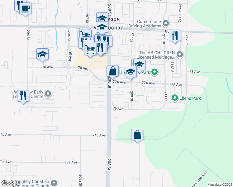 map of restaurants, bars, coffee shops, grocery stores, and more near 7665 209 Street in Langley Township