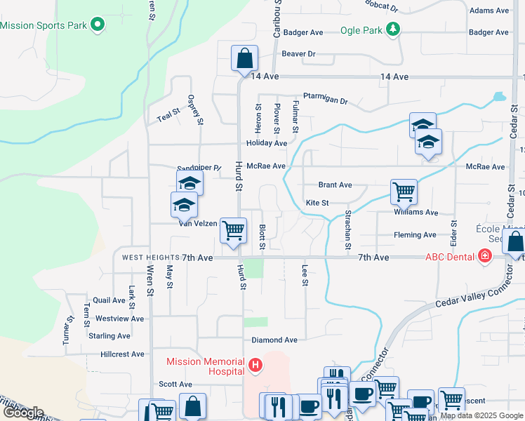 map of restaurants, bars, coffee shops, grocery stores, and more near 7668 Blott Street in Fraser Valley