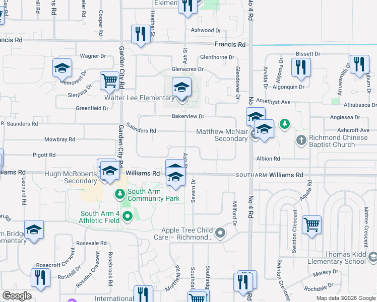 map of restaurants, bars, coffee shops, grocery stores, and more near 9511 Pinewell Crescent in Richmond