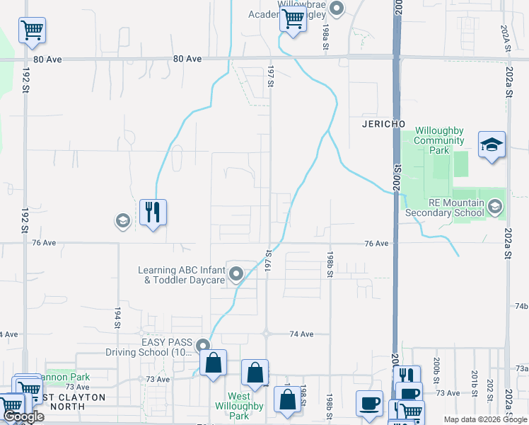 map of restaurants, bars, coffee shops, grocery stores, and more near 7657 197 Street in Langley Township