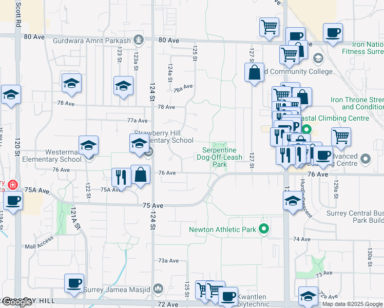 map of restaurants, bars, coffee shops, grocery stores, and more near 12519 76A Avenue in Surrey